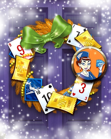 Pogo Jet Set Solitaire Pam's Golden Ticket Wreath Badge